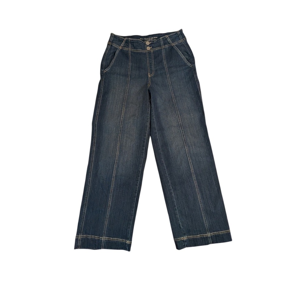 Chico's Pull-On Wide-Leg Jeans Dark Wash Front Seam 8/1R Stretch Contrast Stitch